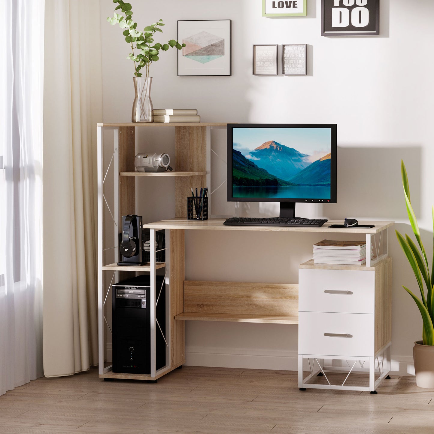 AI62 Decor Oak Computer Desk with Drawers & Bookshelf – Home Office Workstation