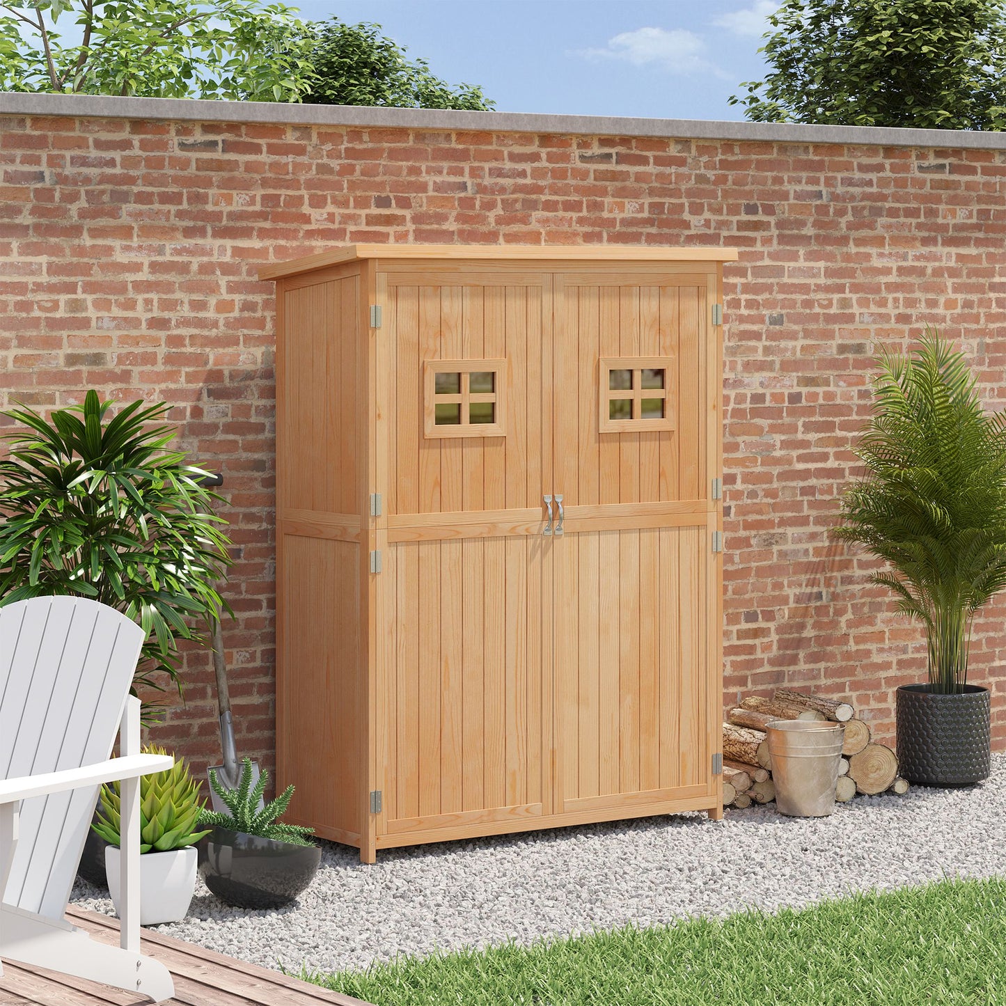 AI62 Decor Wooden Garden Shed with Windows – Outdoor Tool Storage Cabinet