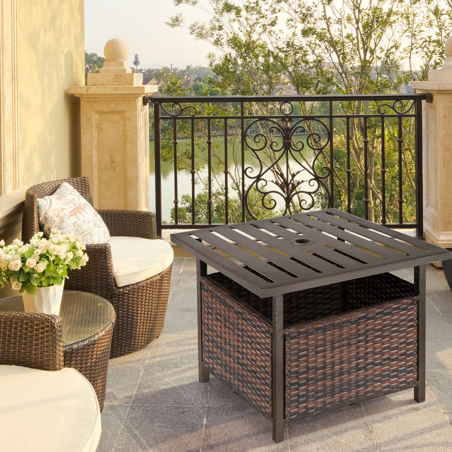 AI62 Decor Rattan Outdoor Coffee Table with Umbrella Hole