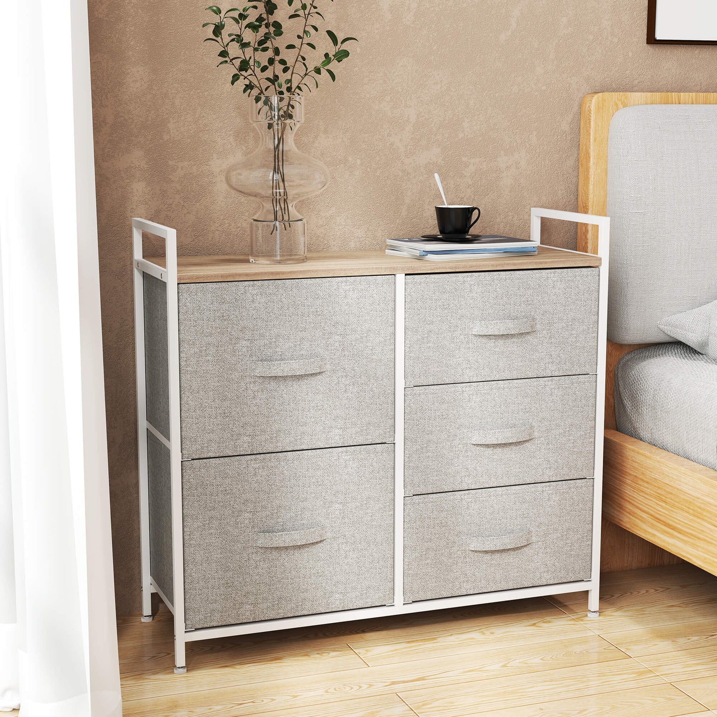 AI62 Decor Grey 5-Drawer Storage Dresser with Shelf & Handles