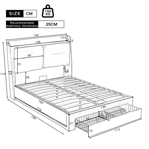 AI62 Decor Beige Velvet Double Bed 135x190cm with Storage & LED