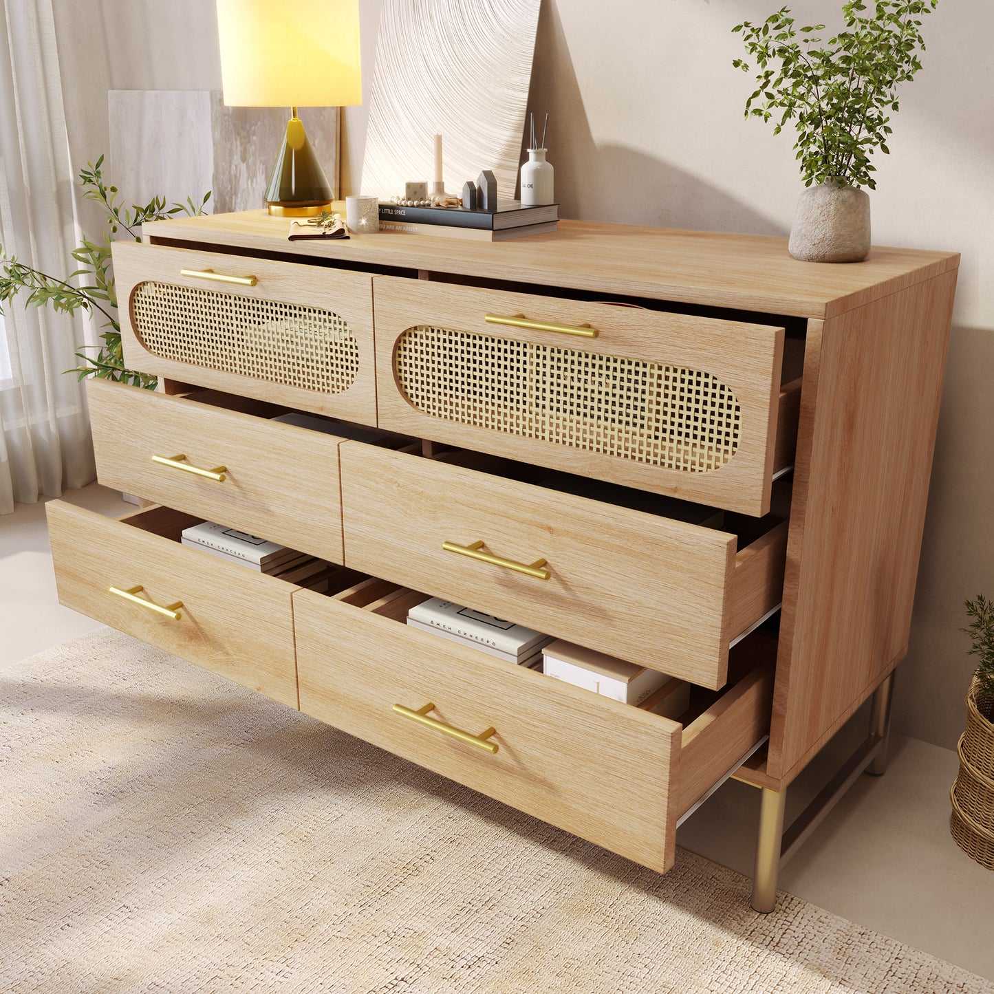 AI62 Decor 6-Drawer Oak Sideboard with Rattan Design