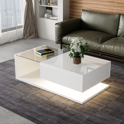 AI62 Decor High-Gloss White Coffee Table with Glass & LED