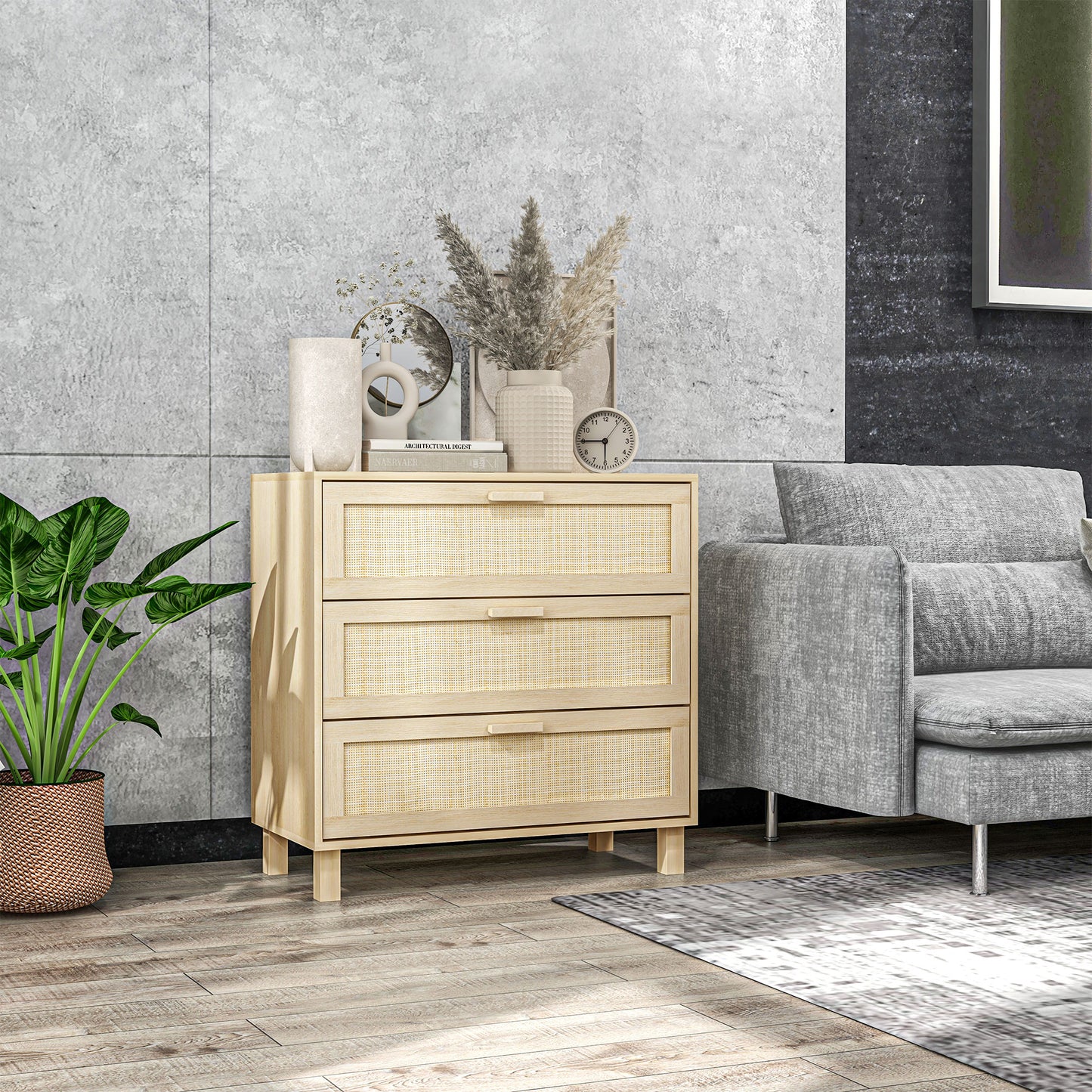 AI62 Decor Rattan 3-Drawer Chest, Boho Storage Dresser, Natural