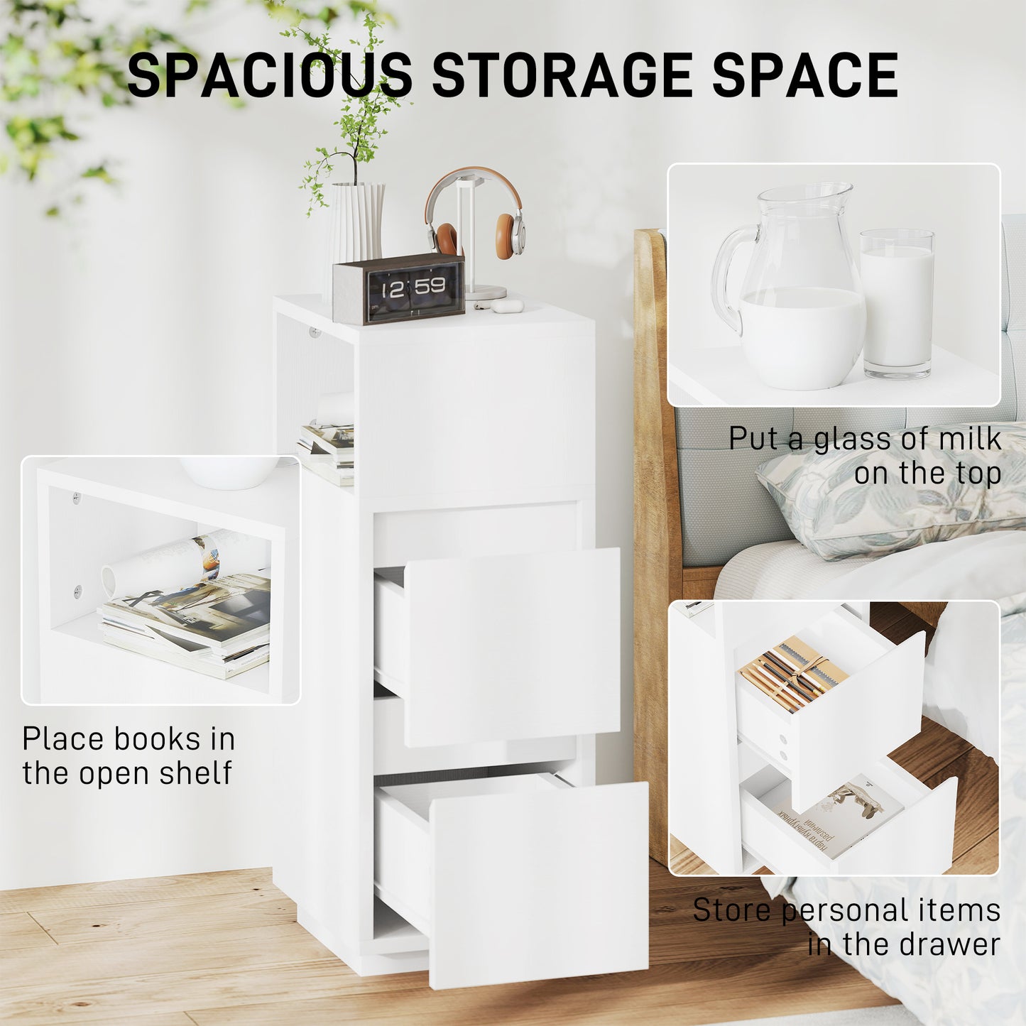 AI62 Decor Narrow White Bedside Cabinet with Storage Drawers