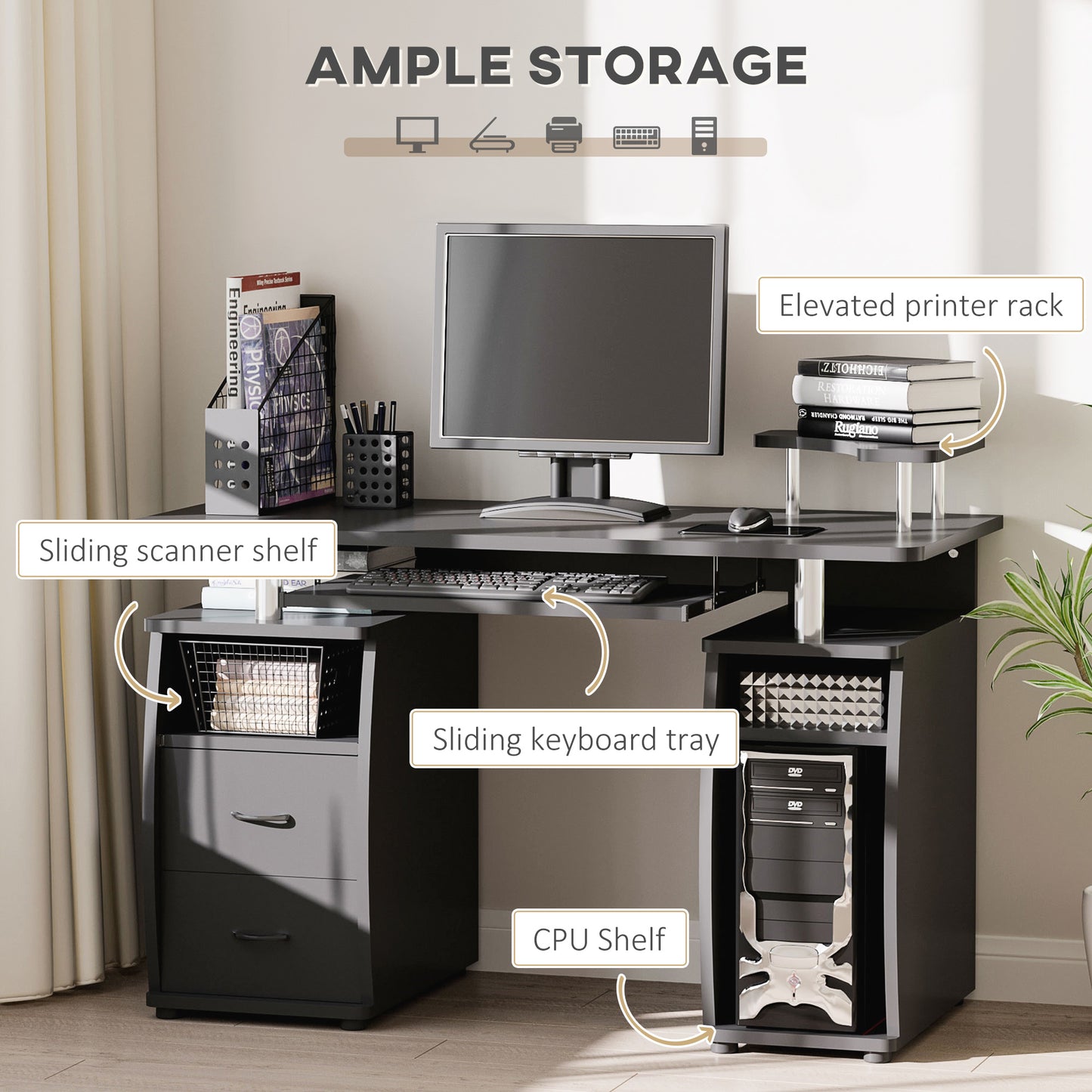 AI62 Decor Black Computer Desk with Keyboard Tray & CPU Shelf