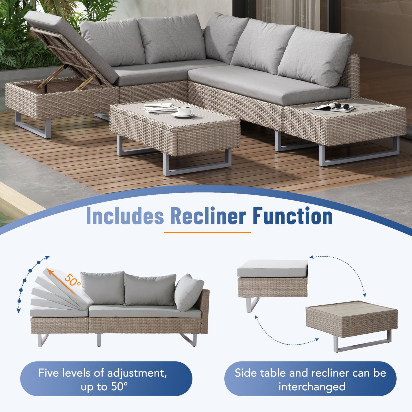 AI62 Decor Khaki Rattan Corner Garden Sofa Set with Coffee Table – Industrial Style