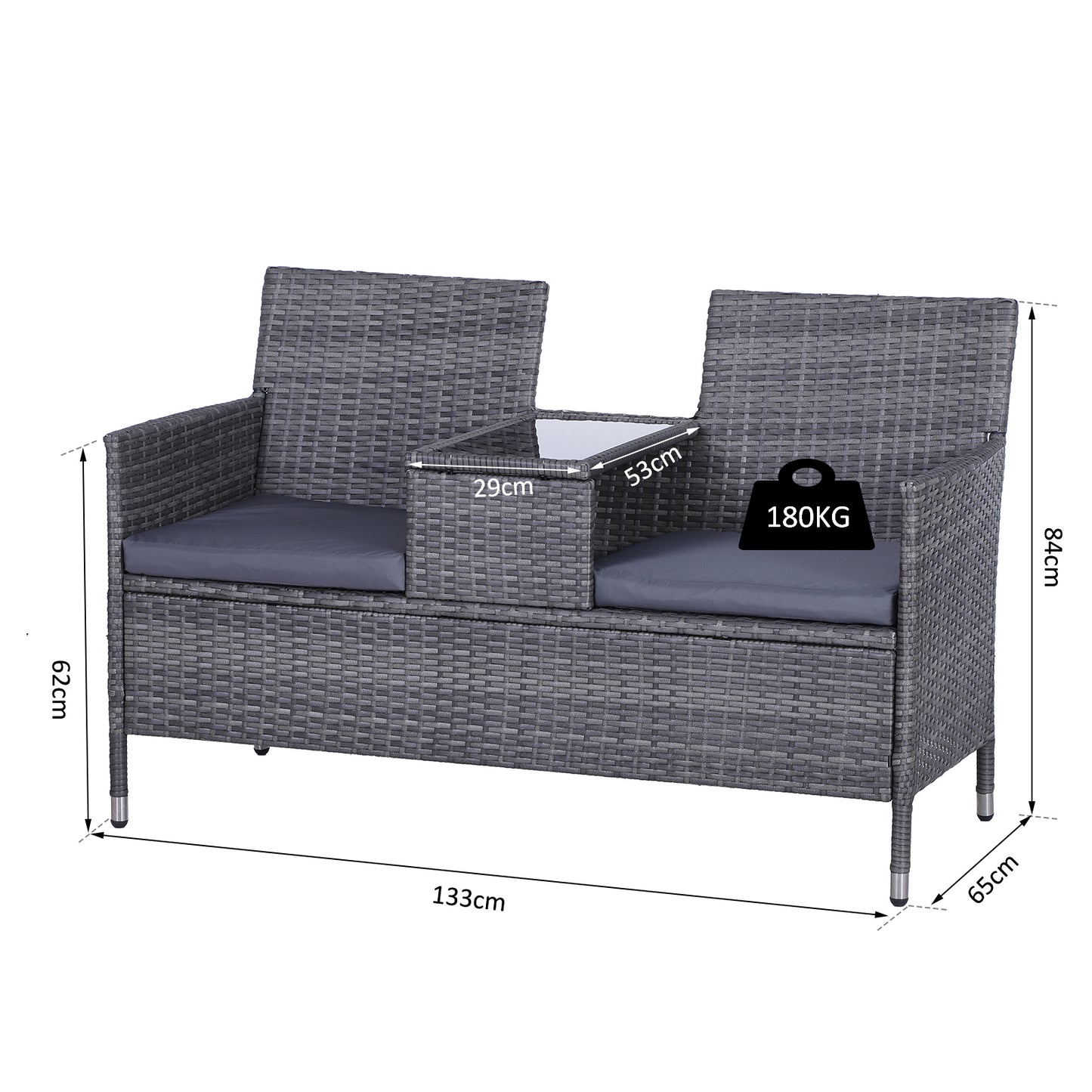 AI62 Decor 2-Seater PE Rattan Outdoor Garden Bench W/ Centre Table Grey