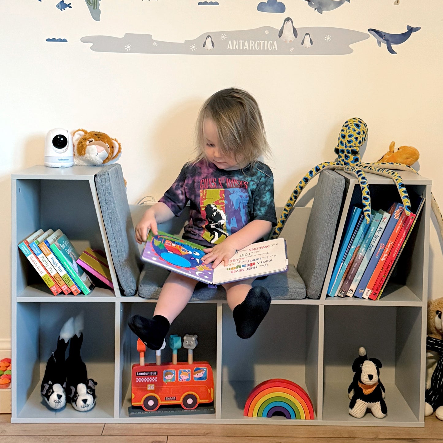 AI62Decor Kids 6-Compartment Bookcase Storage Cabinet with Seat Cushion – Grey