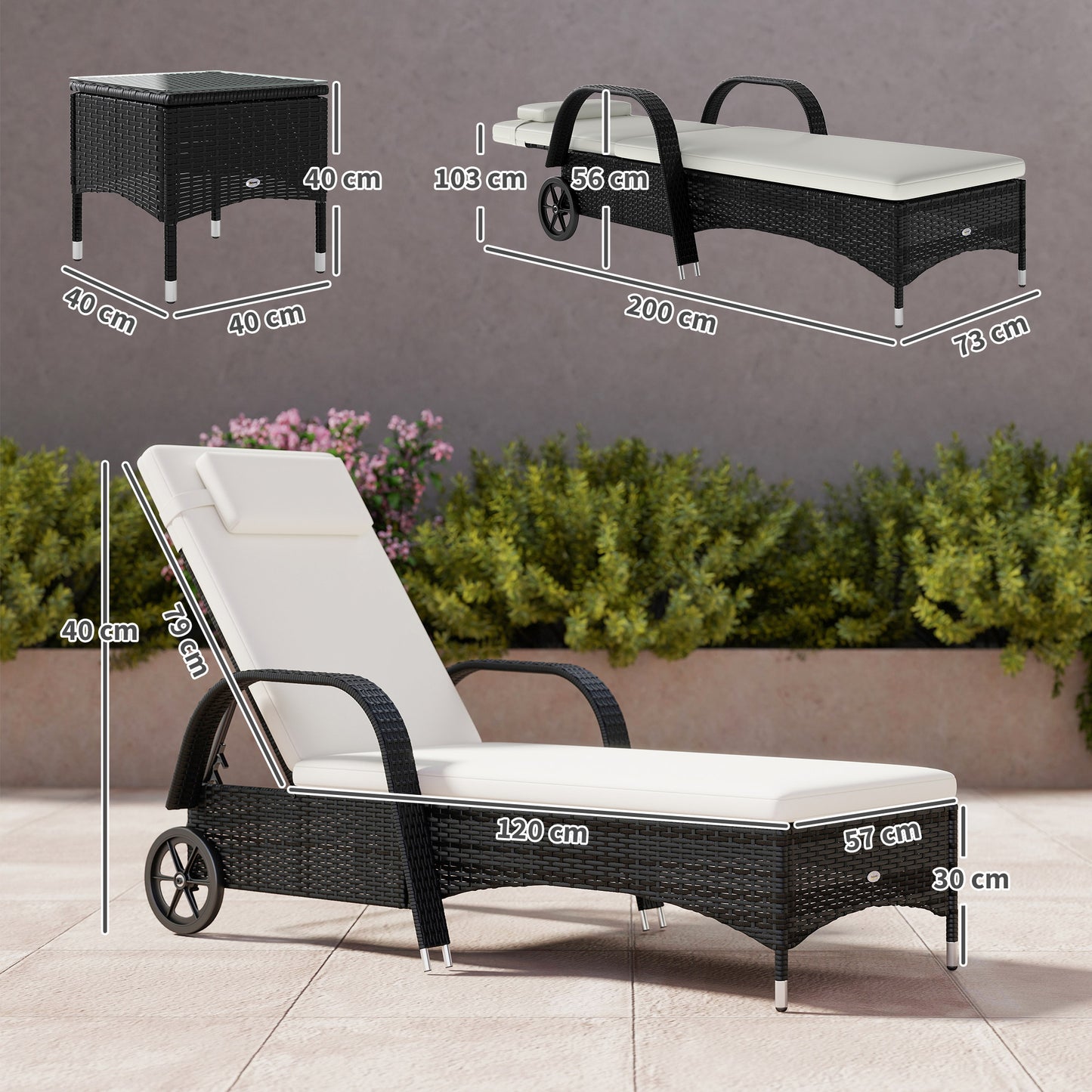 AI62 Decor 2 Seater Rattan Sun Lounger Set With Side Table Black