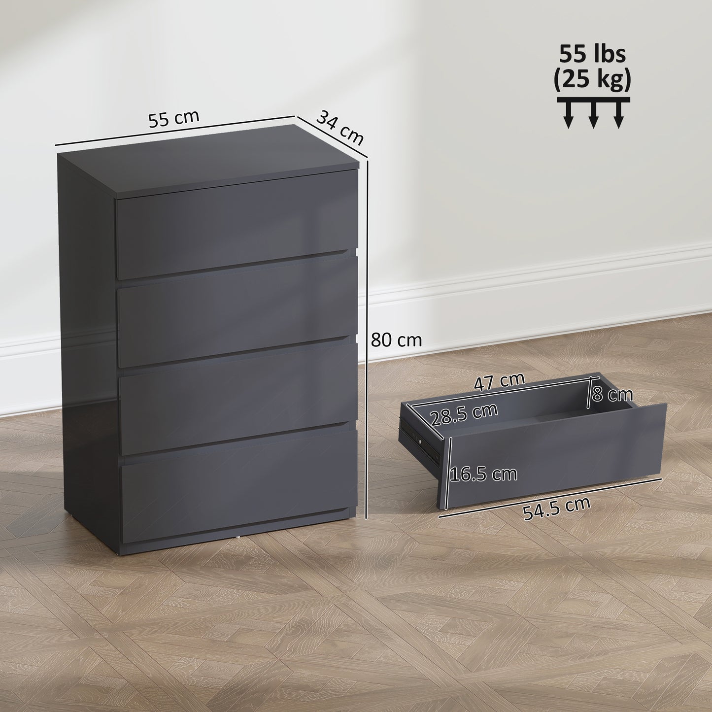 AI62 Decor High Gloss 4-Drawer Chest – Grey Bedroom Dresser