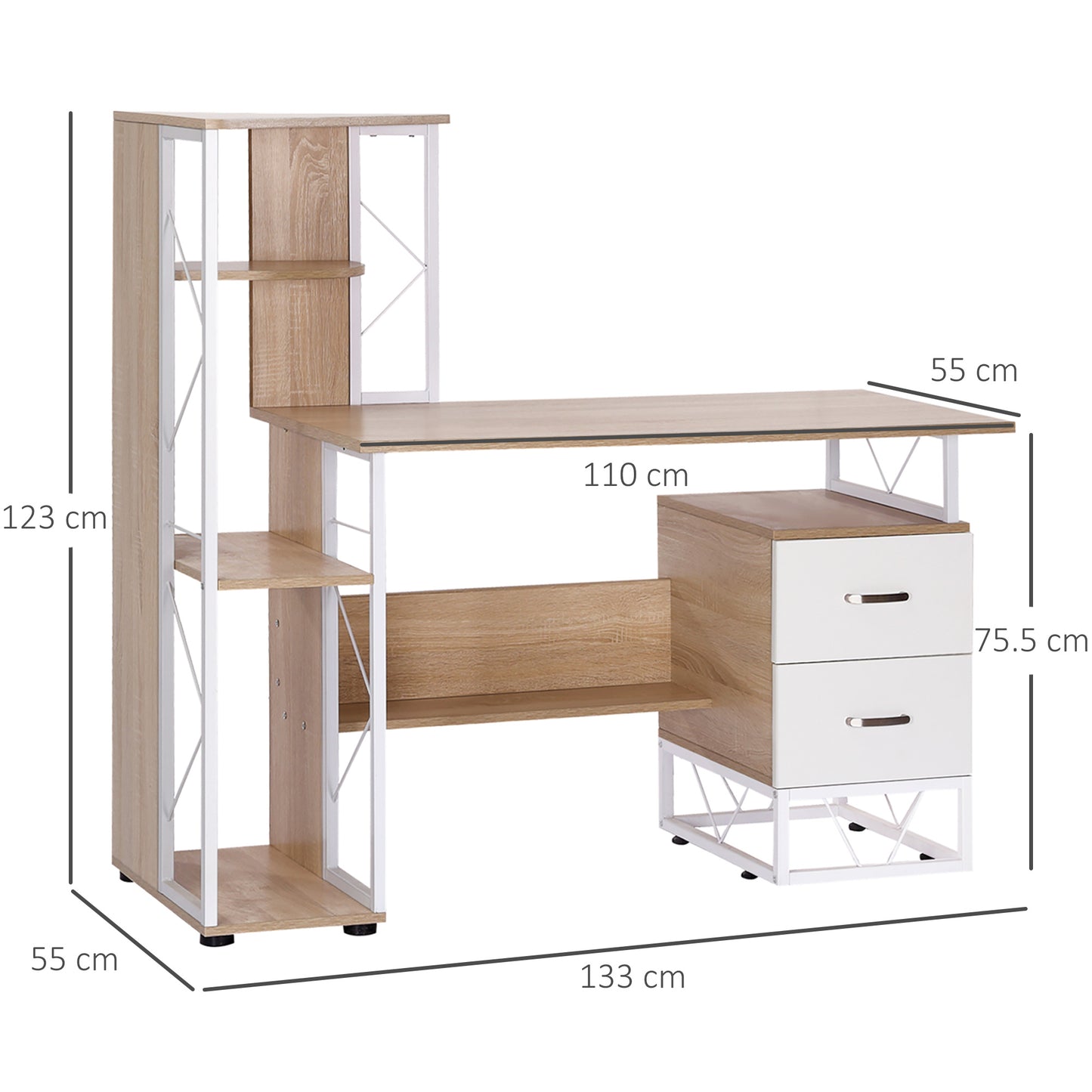 AI62 Decor Oak Computer Desk with Drawers & Bookshelf – Home Office Workstation