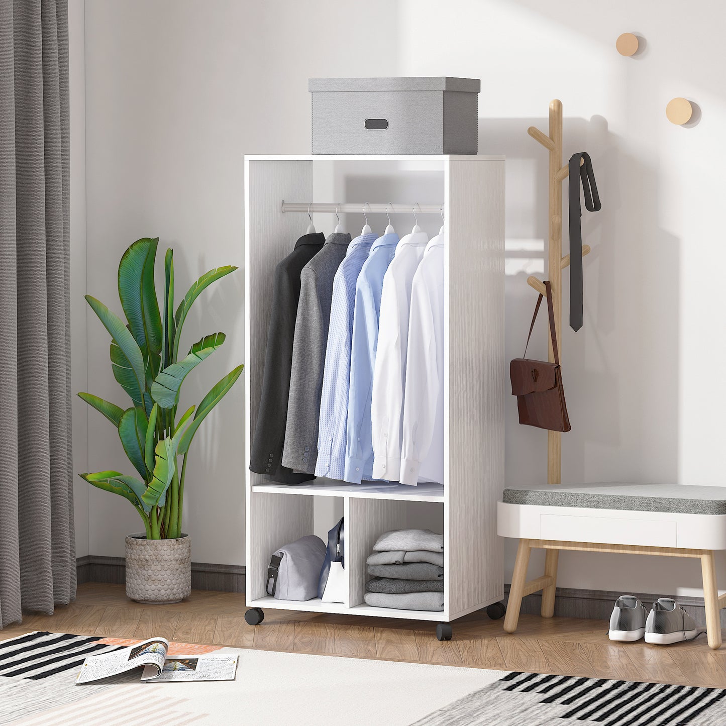 AI62 Decor Mobile Open Wardrobe with Hanging Rail & 2 Shelves – White