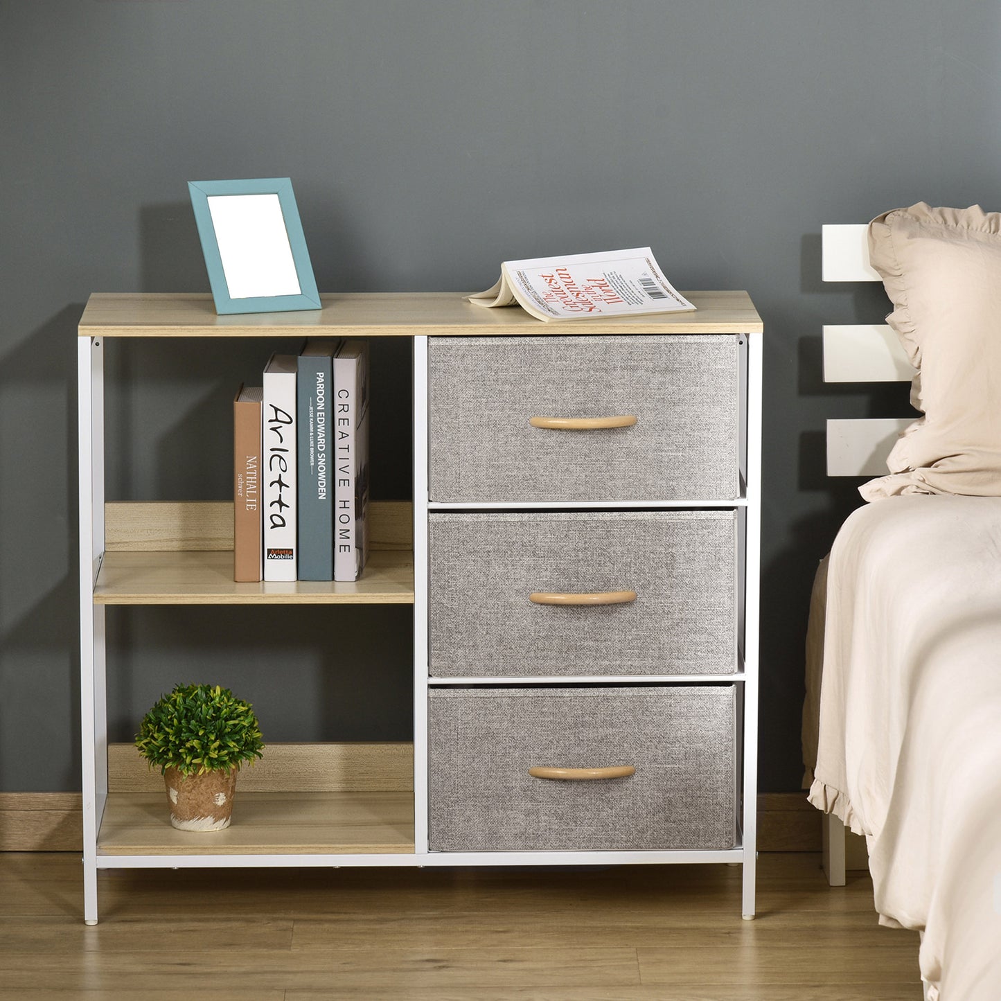 AI62 Decor 3-Drawer Chest with 2 Shelves – Beige Storage Cabinet
