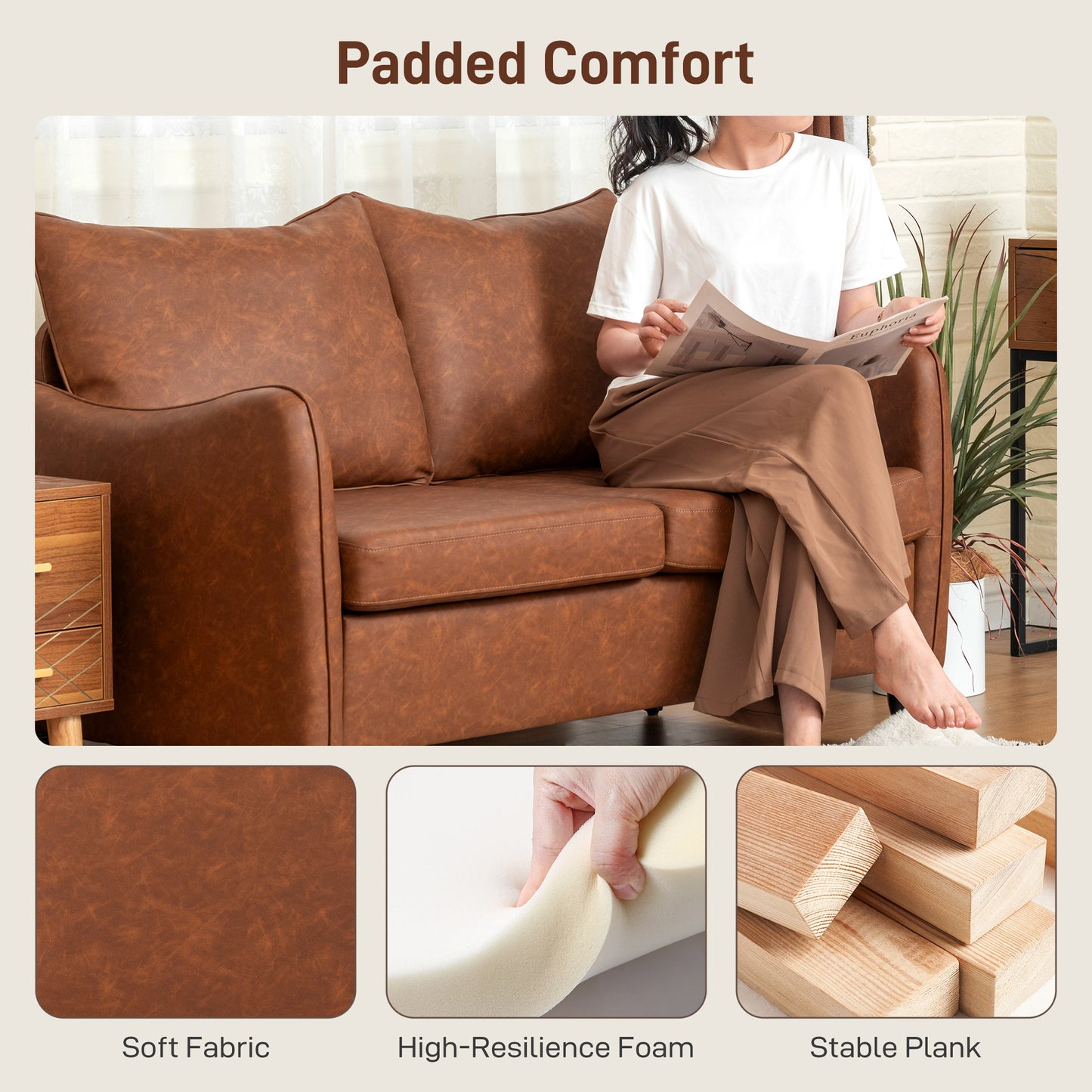 AI62 Decor Faux Leather Marble-Effect Two-Seater Sofa - Brown