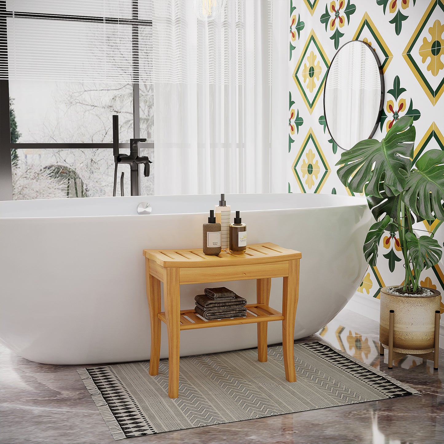 AI62 Decor Slatted Shower Bench with 4 Legs - 45cm