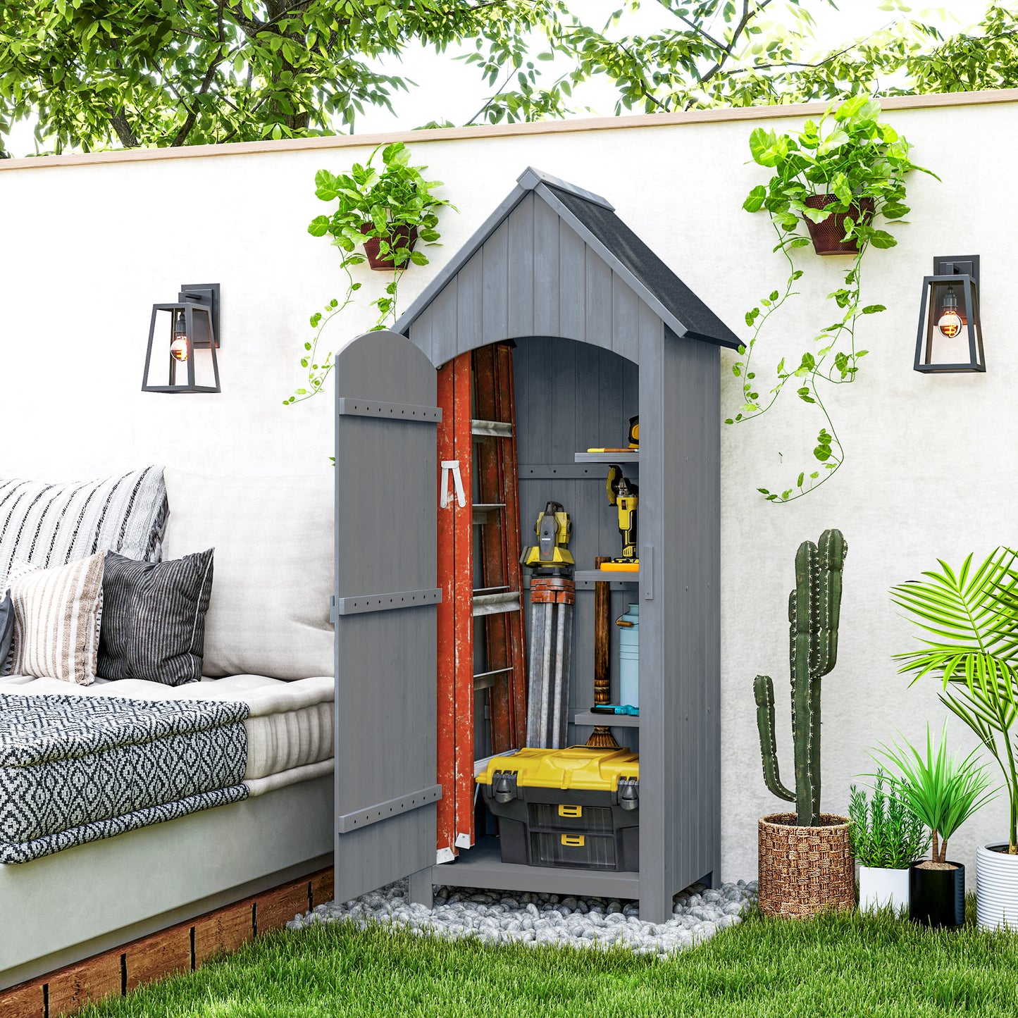 AI62 Decor Wooden Garden Storage Shed with 3 Shelves