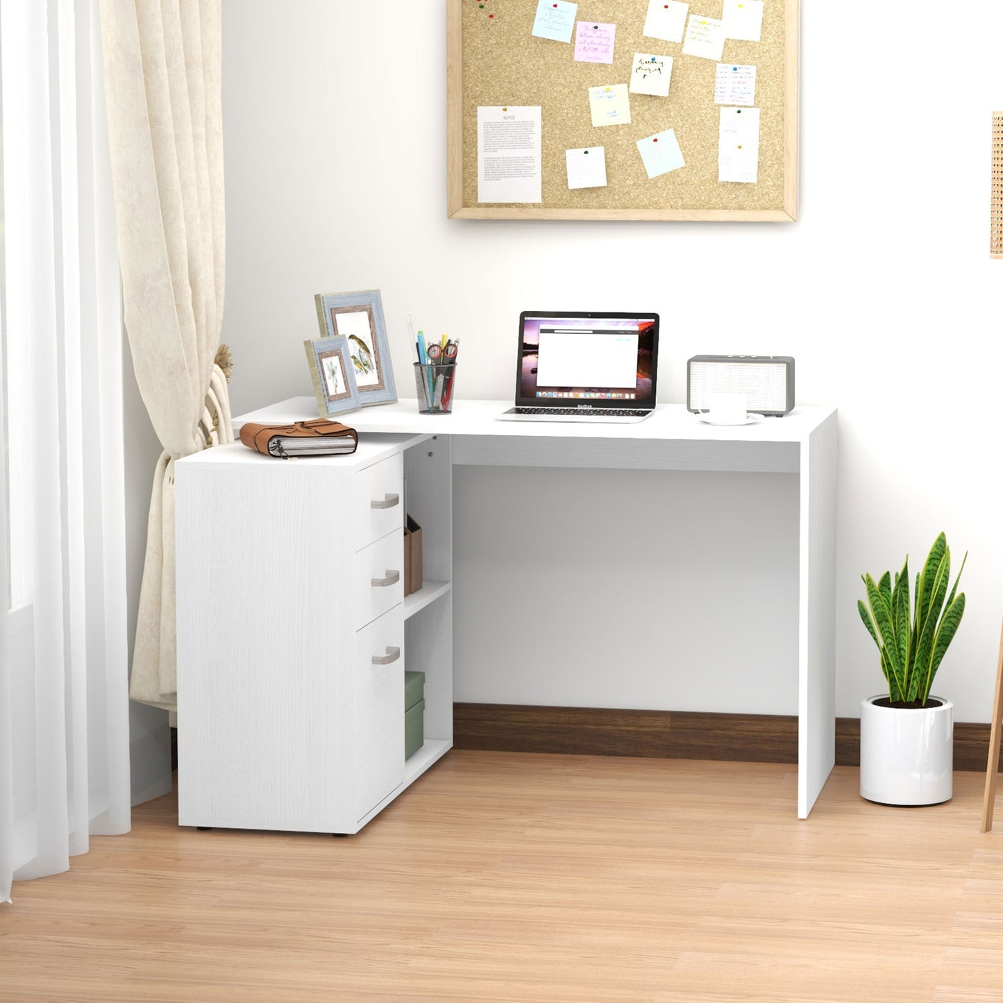 AI62 Decor L-Shaped Computer Desk with Drawers & Storage Shelves - White