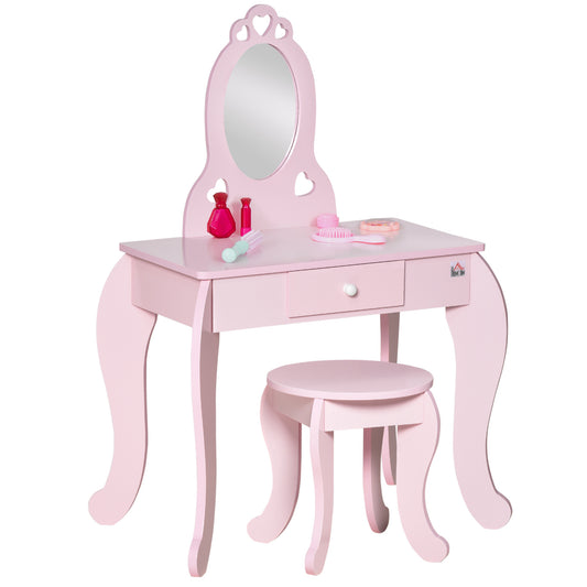 AI62 Decor Pink Kids Vanity Table & Stool Set with Mirror