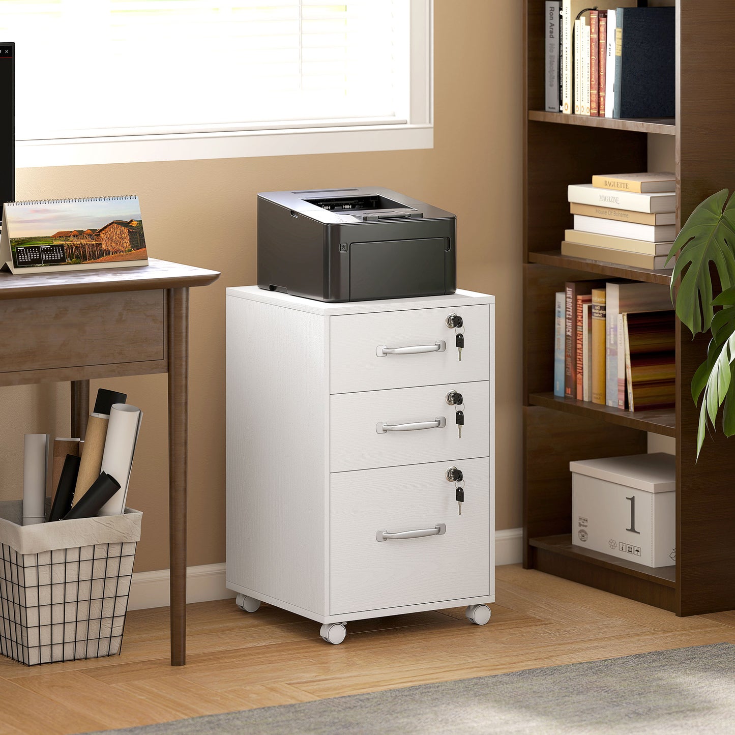 AI62 Decor Three Drawer Wood-Effect Filing Cabinet - White
