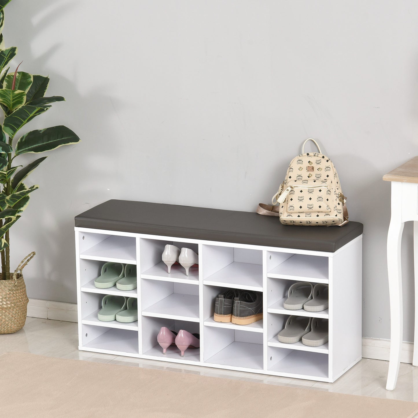 AI62 Decor 14-Compartment Shoe Rack with Cushion & Solid Frame – White