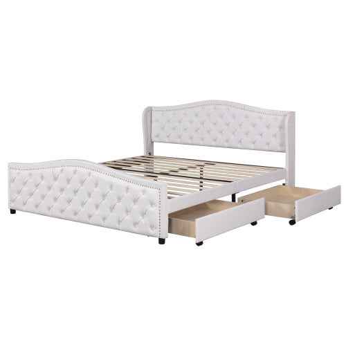 AI62 Decor Upholstered 135x190cm Bed with Drawers & Riveted Headboard – White