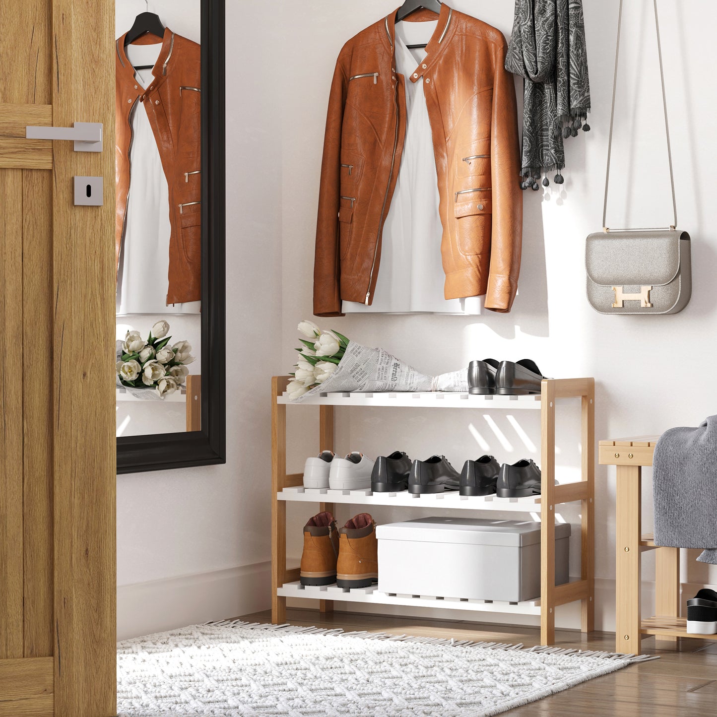 AI62 Decor 3-Tier Wooden Shoe Rack with Slatted Shelves – Natural (70 x 26 x 57.5 cm)