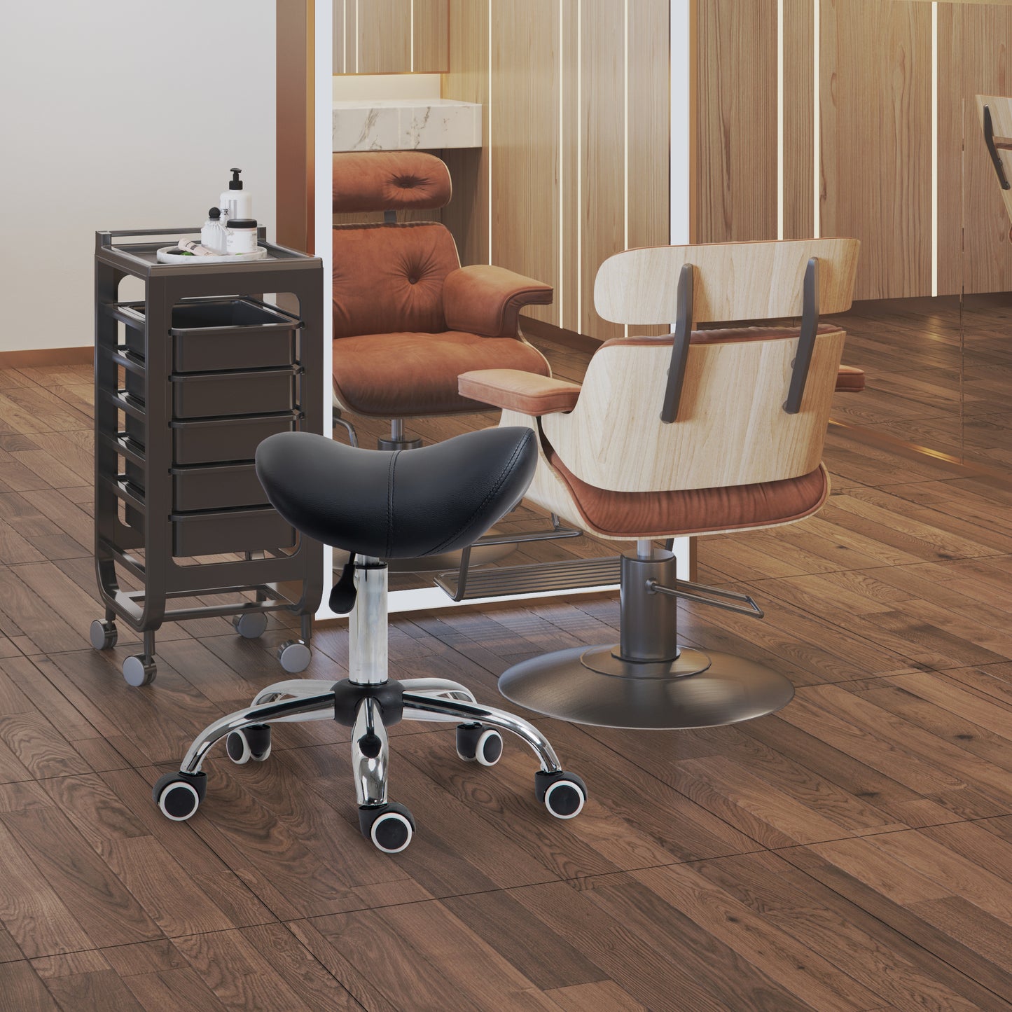 AI62 Decor Height Adjustable Rolling Spa Chair with Faux Leather Seat