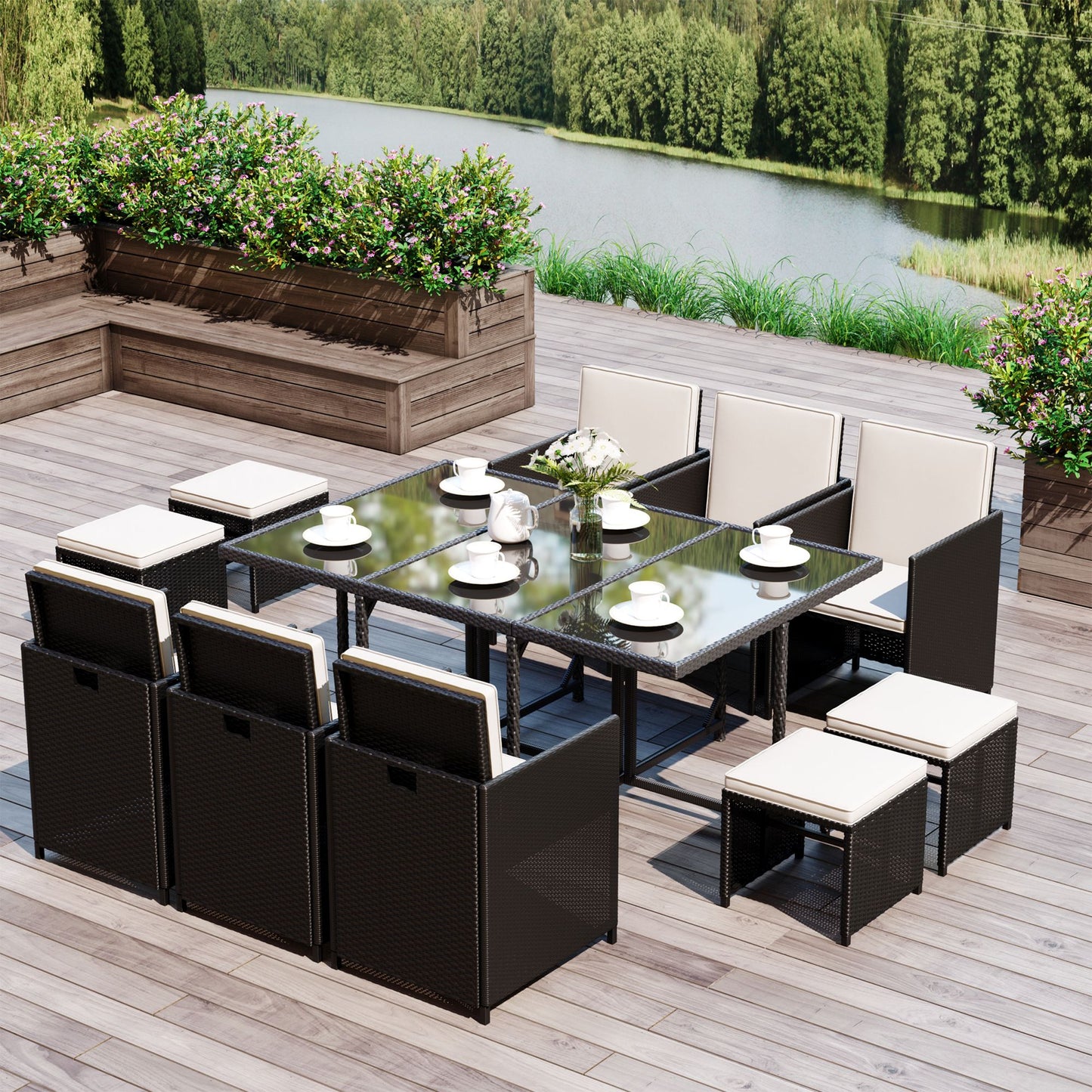 AI62 Decor 11-Piece Rattan Dining Set with Cushions