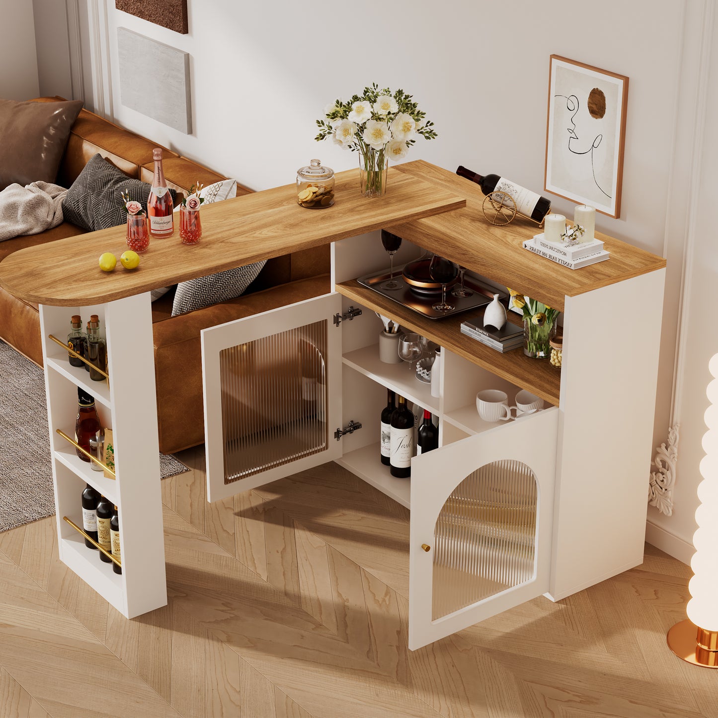 AI62 Decor White Modern Extendable Dining & Bar Table with Swivel & Adjustable LED Strip