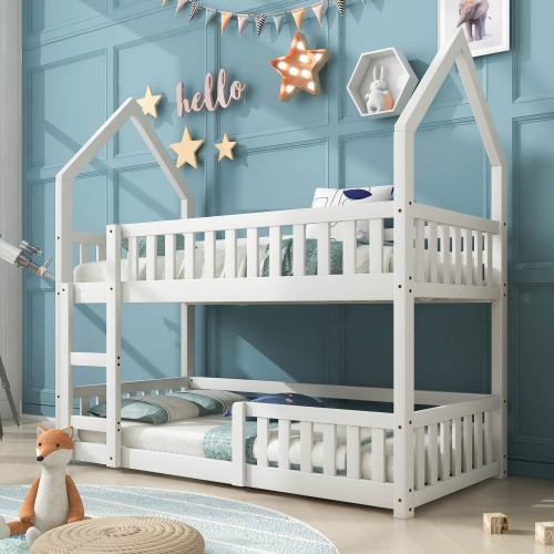 Castle Style Wooden Bunk Bed with Ladder for Kids AI62Decor