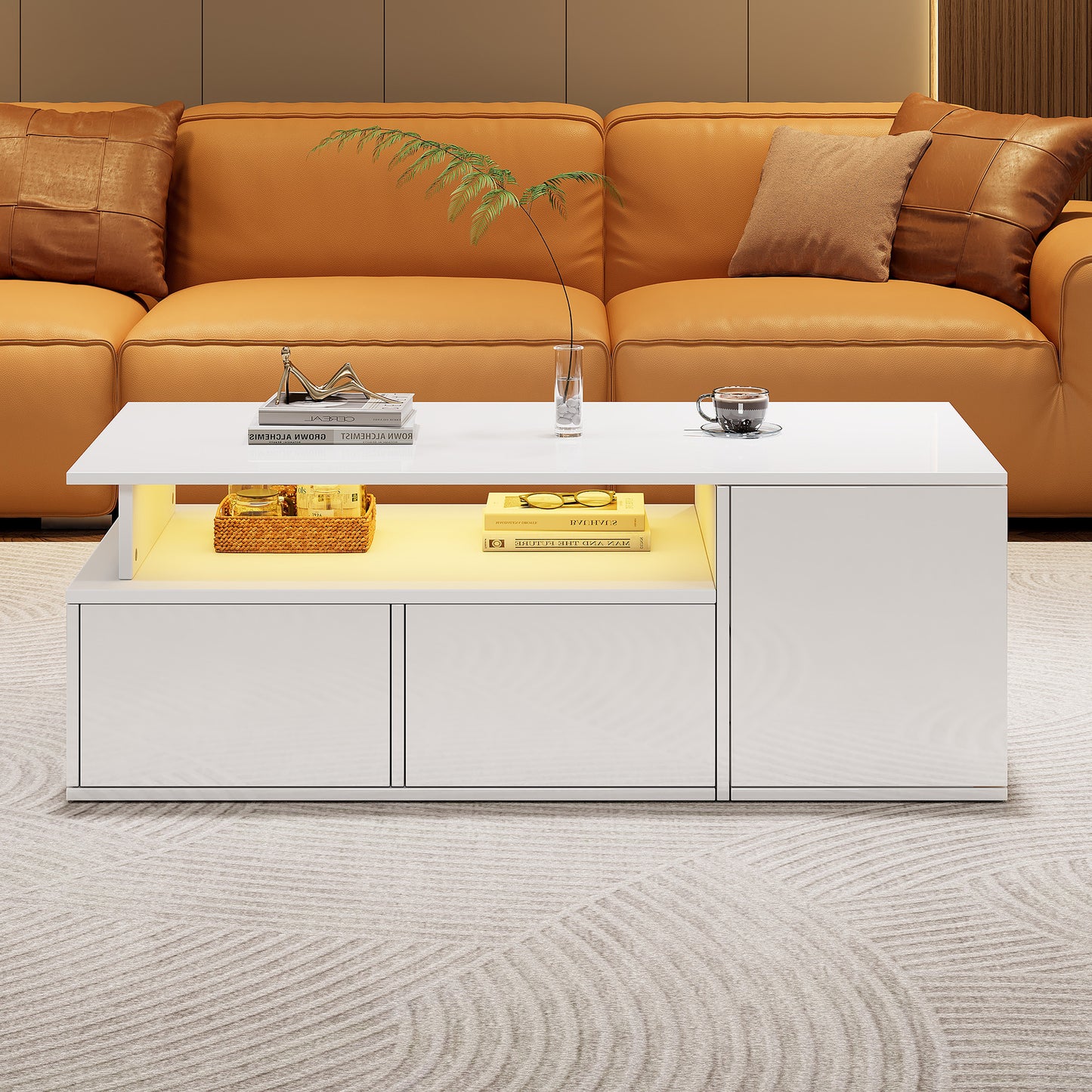 AI62 Decor High Gloss LED Coffee Table with Storage, 100×50×35 cm, White