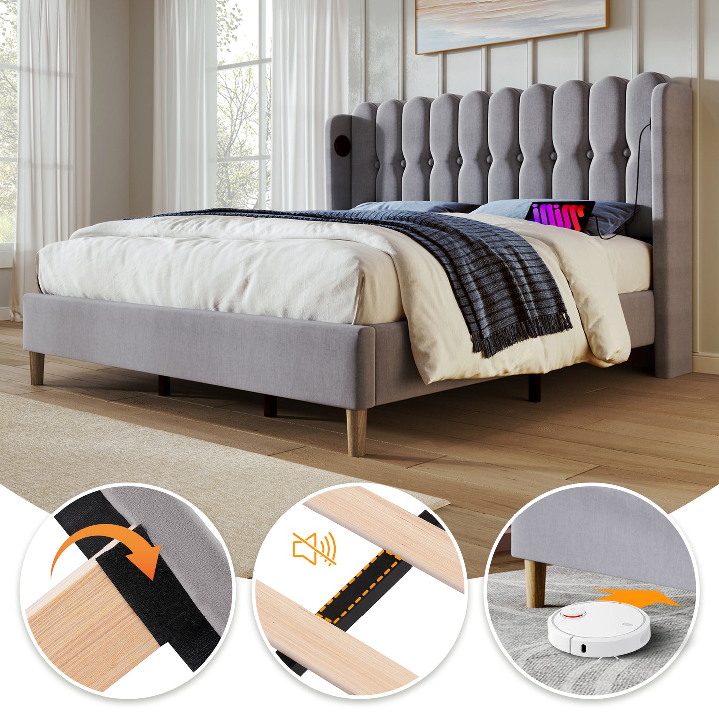 AI62 Decor Grey Linen Double Bed with USB & Type-C Charging