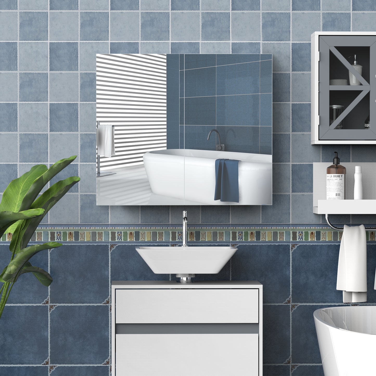 AI62 Decor Wall-Mount Bathroom Mirror Cabinet with Adjustable Shelves, Double Door, White