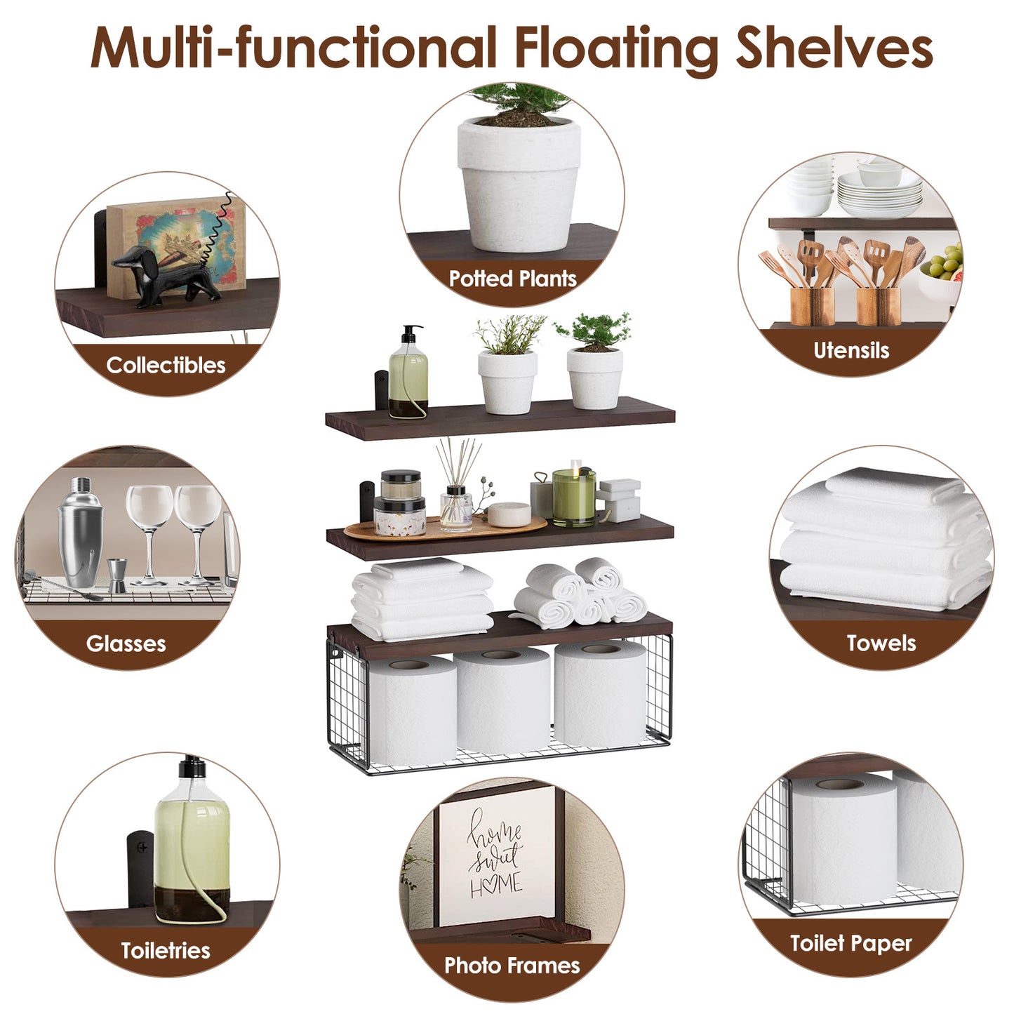 AI62 Decor 2-in-1 Floating Wall Shelves with Storage Basket for Home & Office
