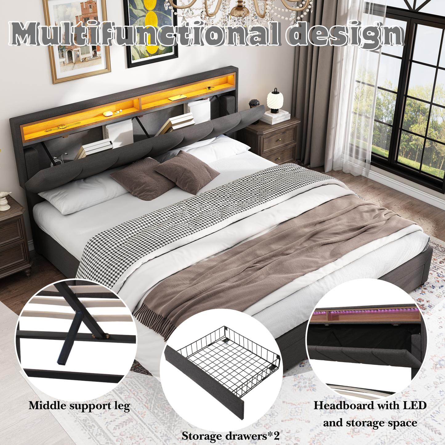 AI62 Decor LED King Size Bed with Storage & Foam Headboard - Grey