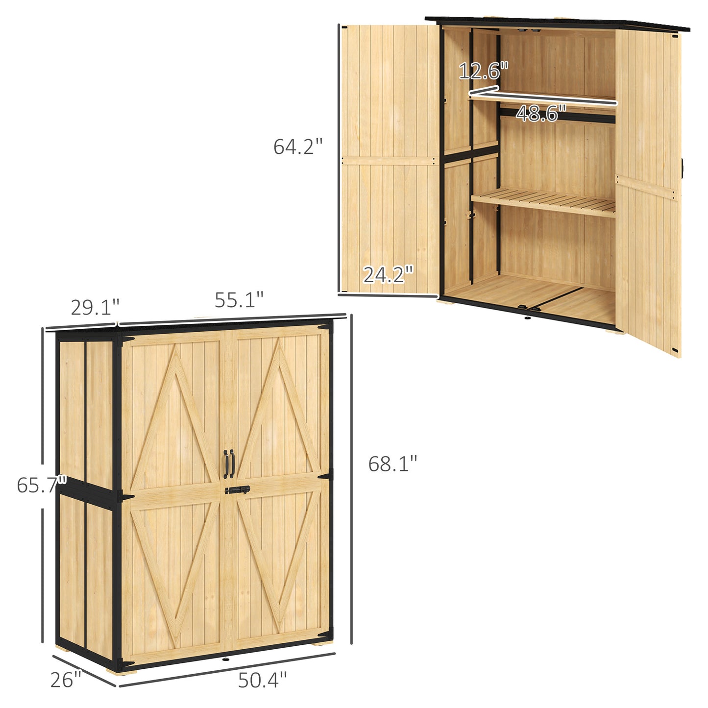 AI62 Decor Outdoor Wooden Storage Shed with Shelves and Lockable Doors