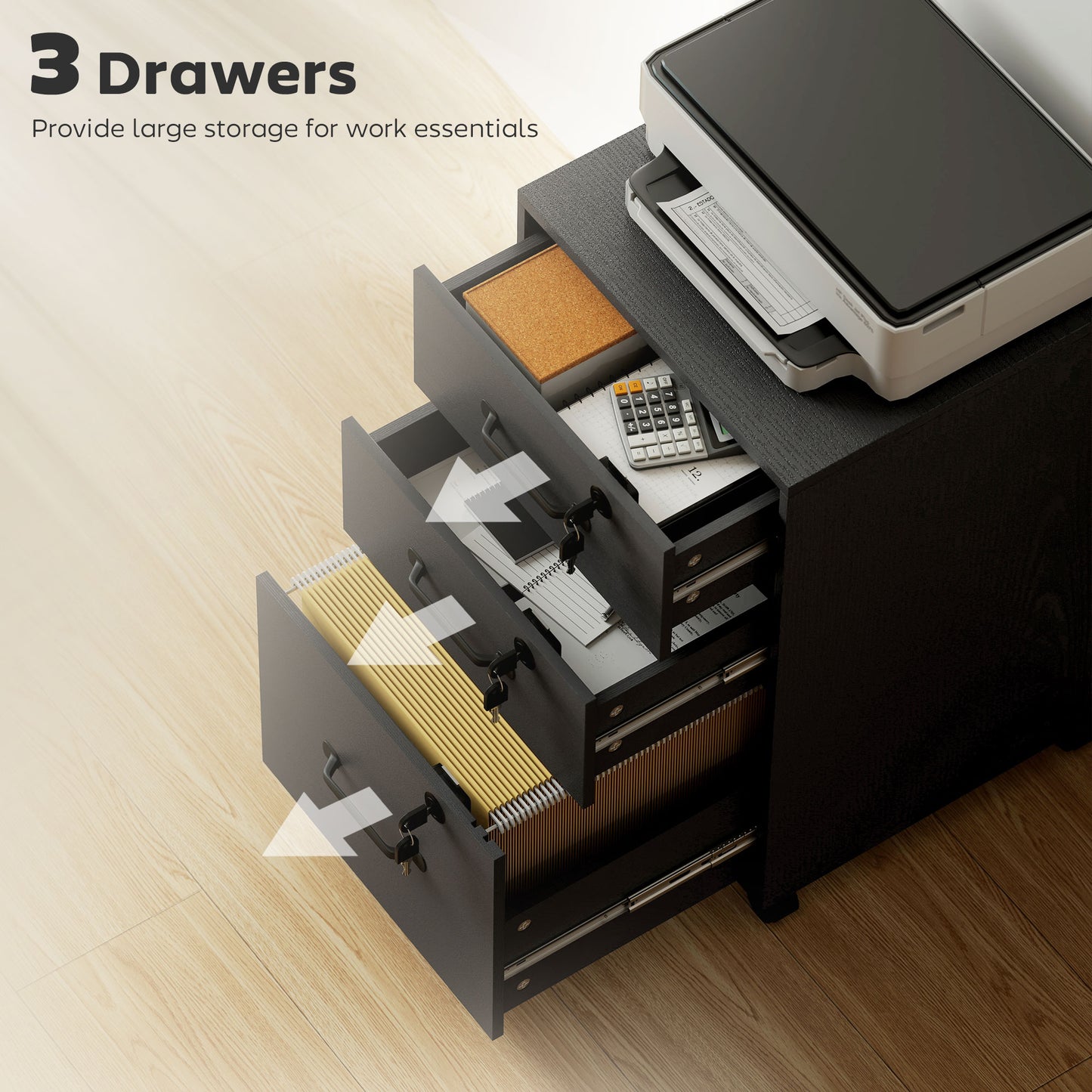 AI62 Decor Three Drawer Wood-Effect Filing Cabinet - Black