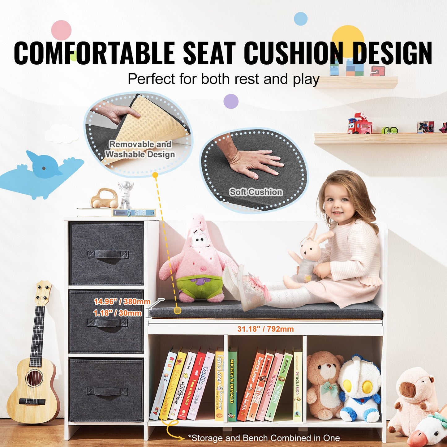 AI62 Decor Kids Reading Nook Bench with Storage & Drawers, White