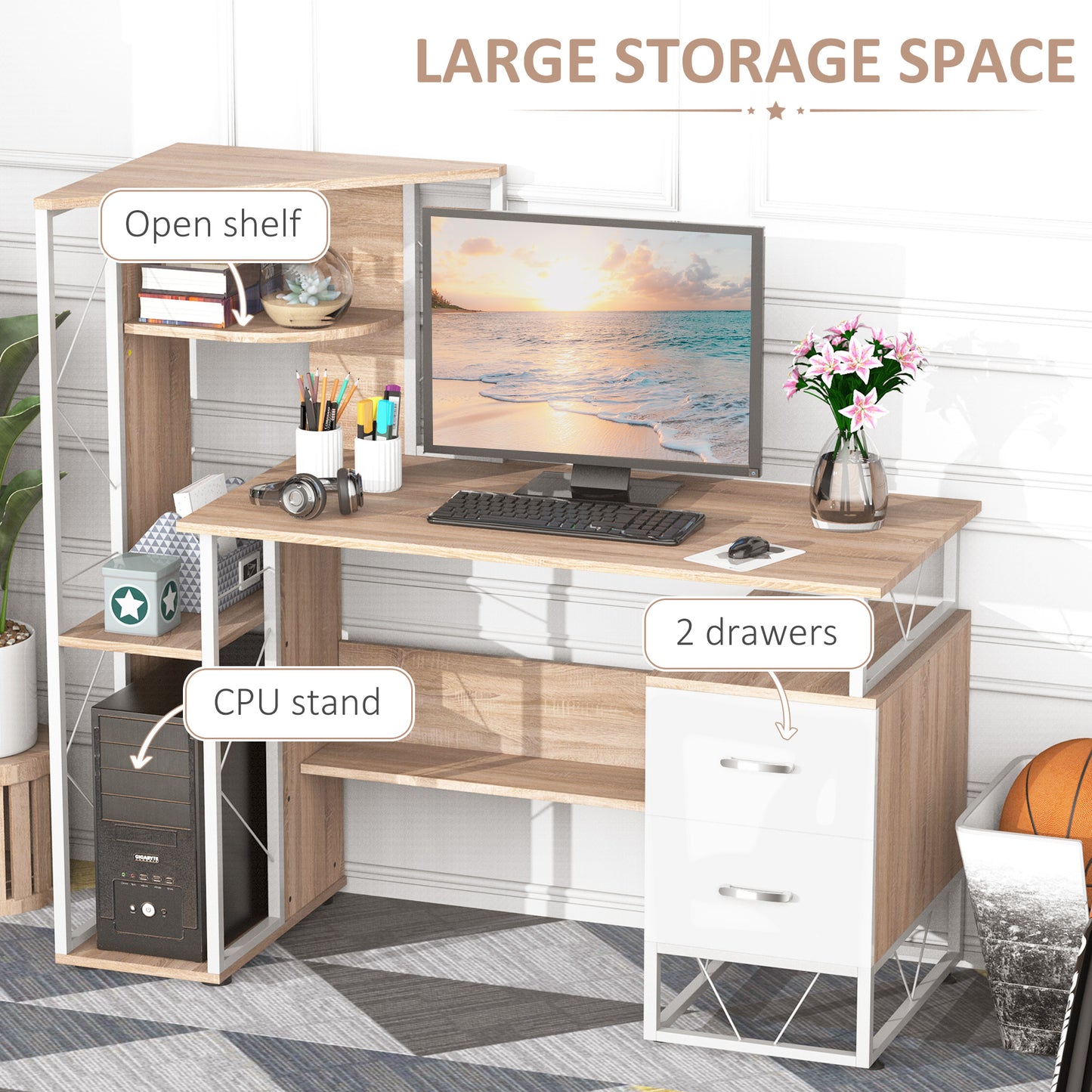 AI62 Decor Oak Computer Desk with Drawers & Bookshelf – Home Office Workstation