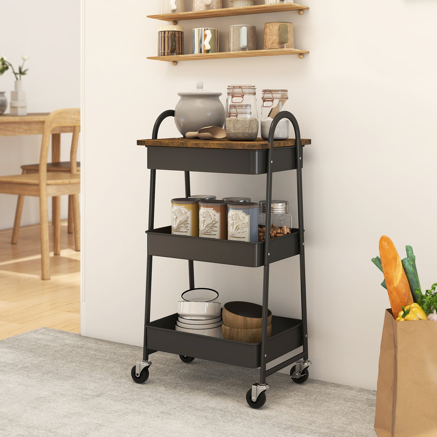 AI62 Decor 3-Tier Kitchen Trolley with Wheels – Rustic Brown & Black