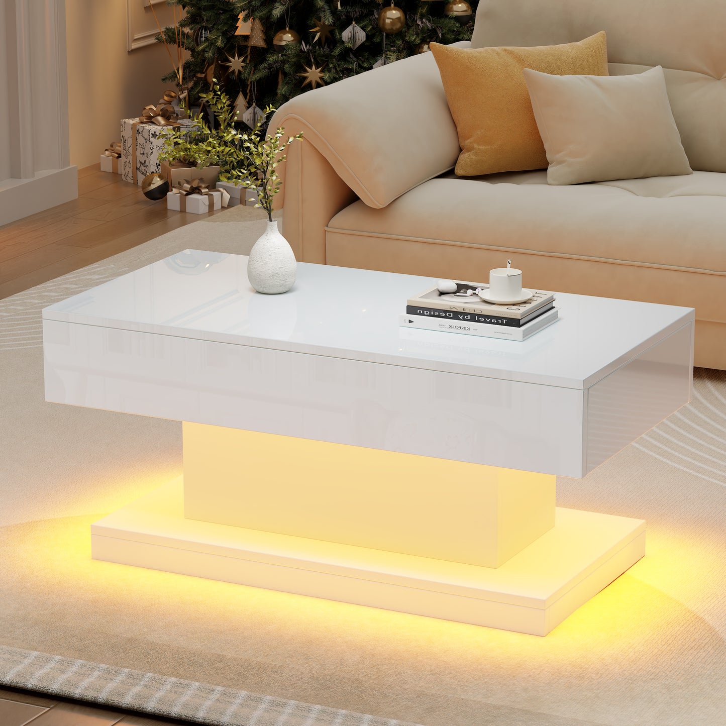 AI62 Decor High-Gloss LED Coffee Table with 2 Drawers (White, 100×50×45 cm)