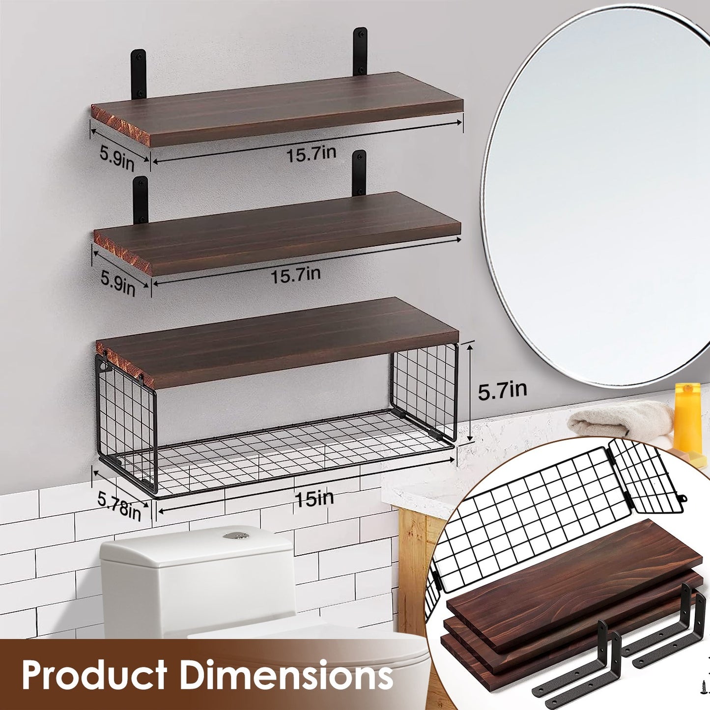 AI62 Decor 2-in-1 Floating Wall Shelves with Storage Basket for Home & Office