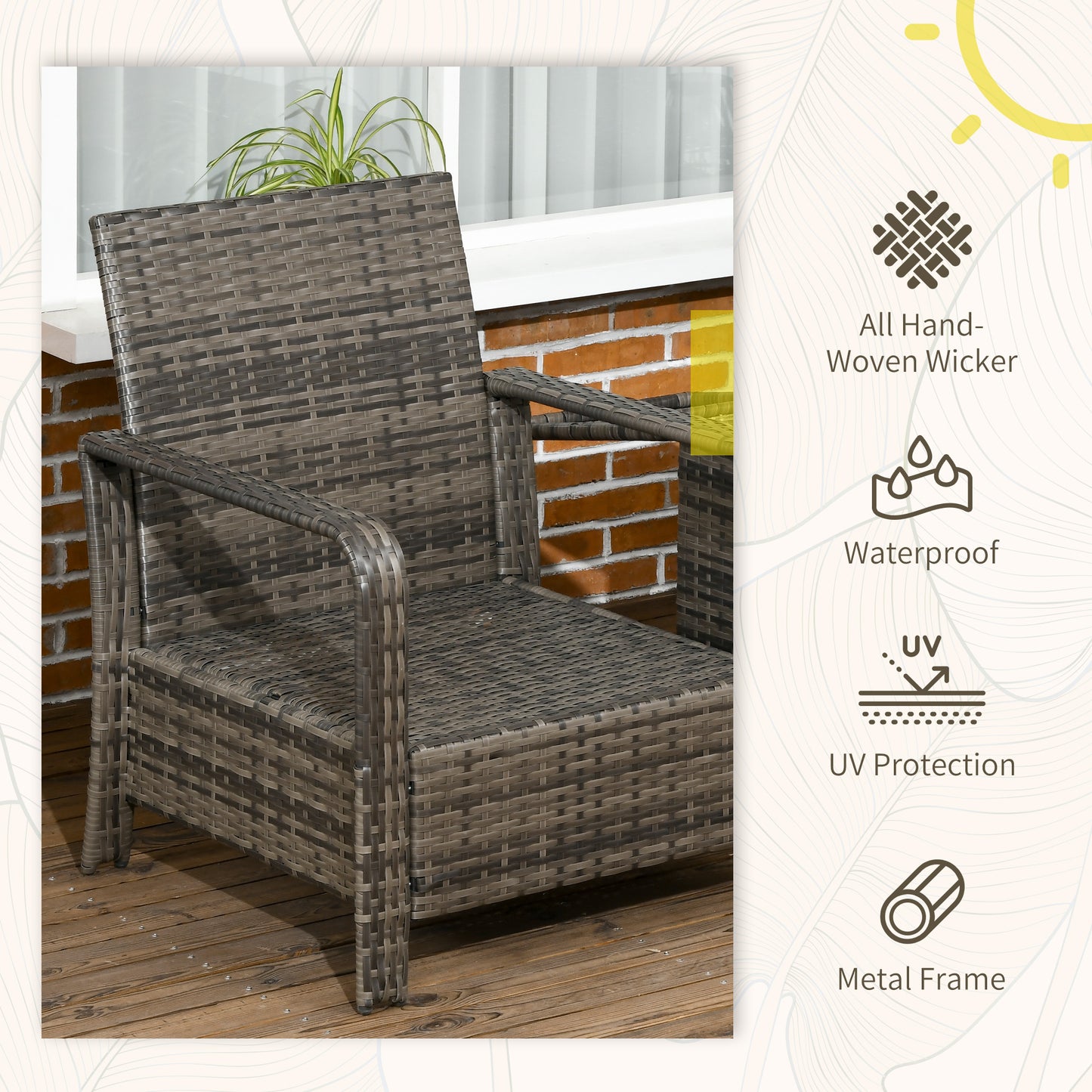 AI62 Decor 3-Piece Rattan Bistro Set with Storage Table & Cushioned Chairs – Grey