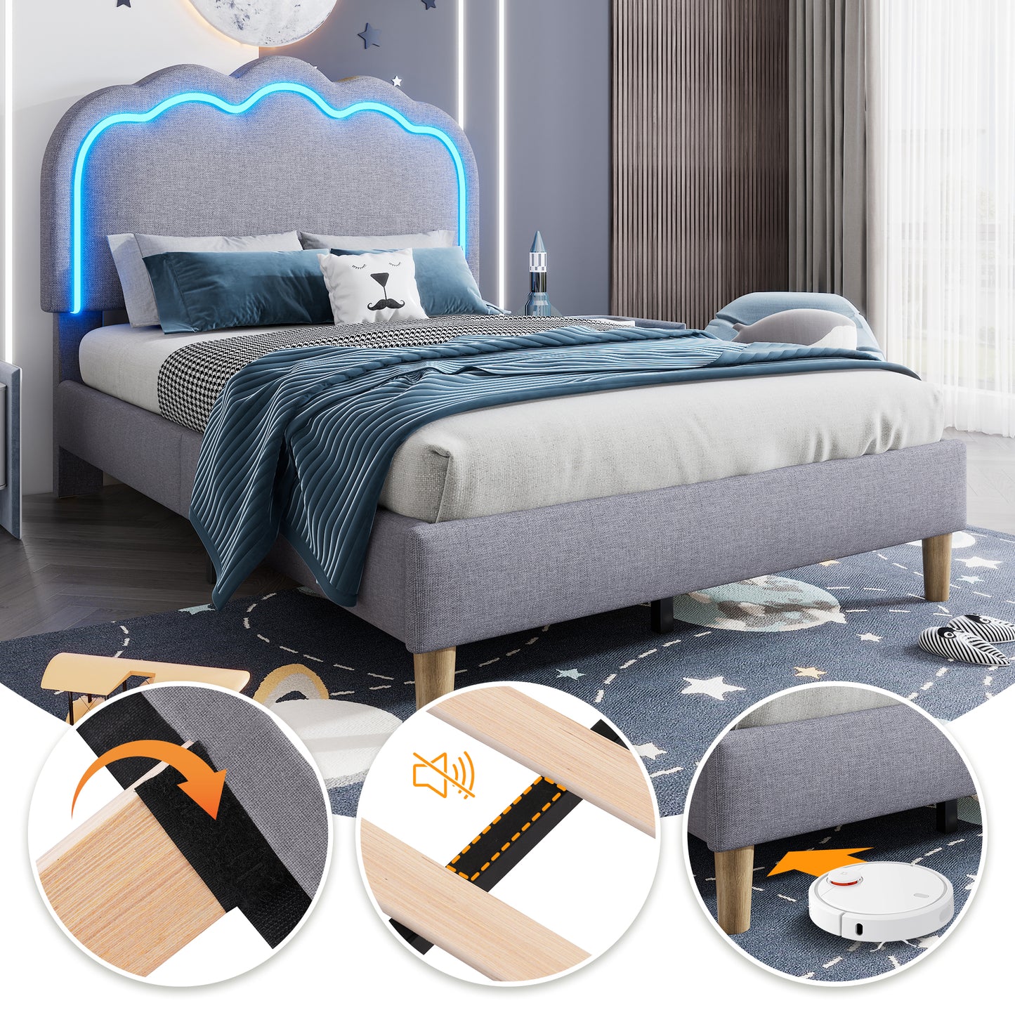 AI62 Decor Single Bed Frame with LED & Slats – 3FT 90x190cm