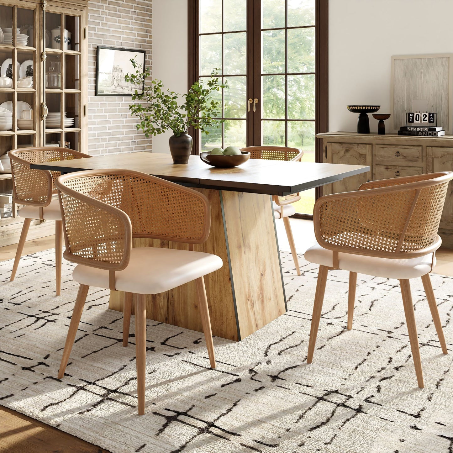AI62 Decor Set of 2 Modern Dining Chairs with Rattan Back & PU Leather Seat – Beige