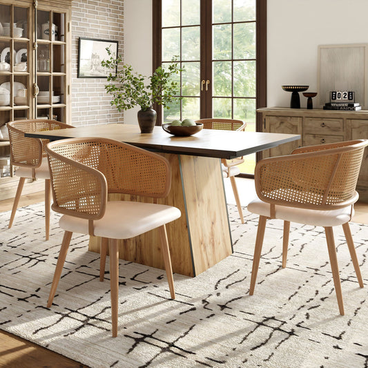 AI62 Decor Set of 2 Modern Dining Chairs with Rattan Back & PU Leather Seat – Beige