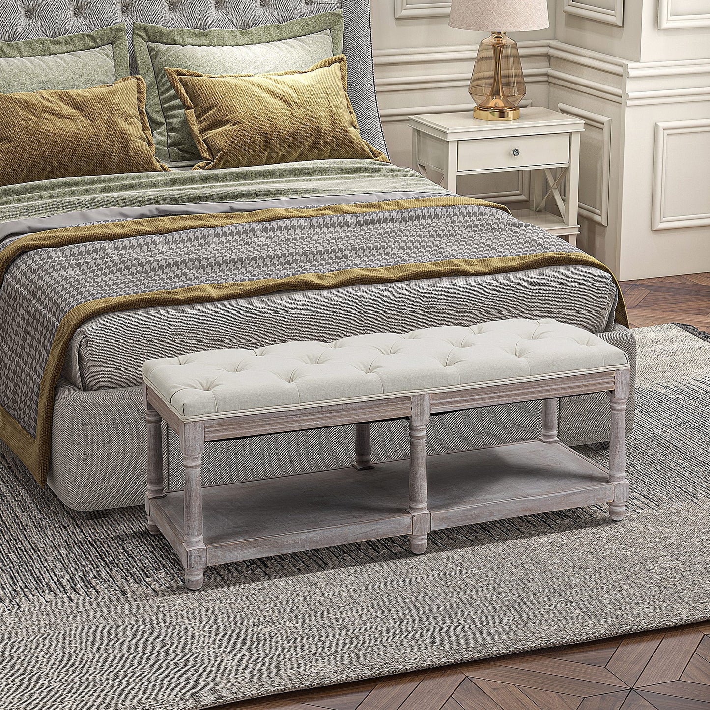 AI62 Decor 2-Tier Upholstered Storage Bench, Wooden Footstool, Cream White
