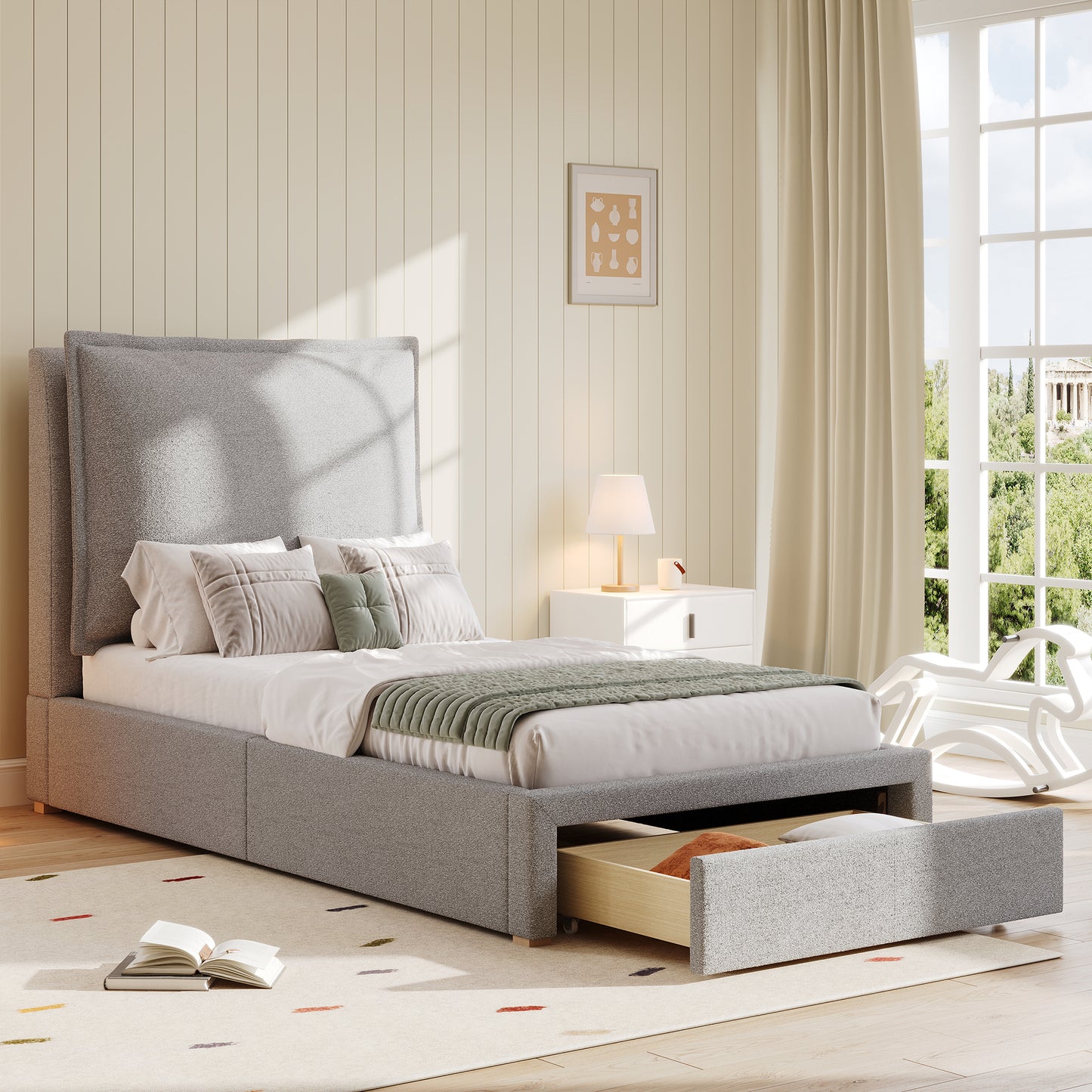 AI62 Decor Chenille Upholstered Single Bed with Storage & Headboard – Grey