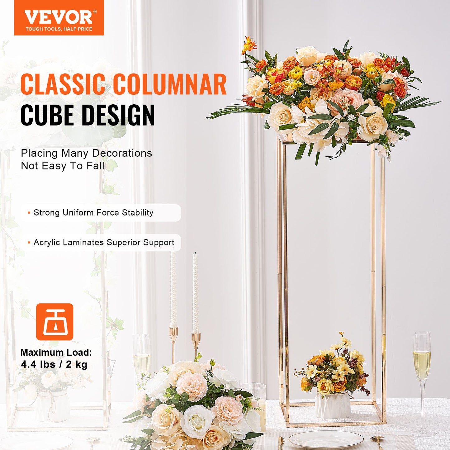 AI62 Decor 2PCS 80cm Gold Wedding Flower Stands with Acrylic Top – Rectangular Metal Display Columns